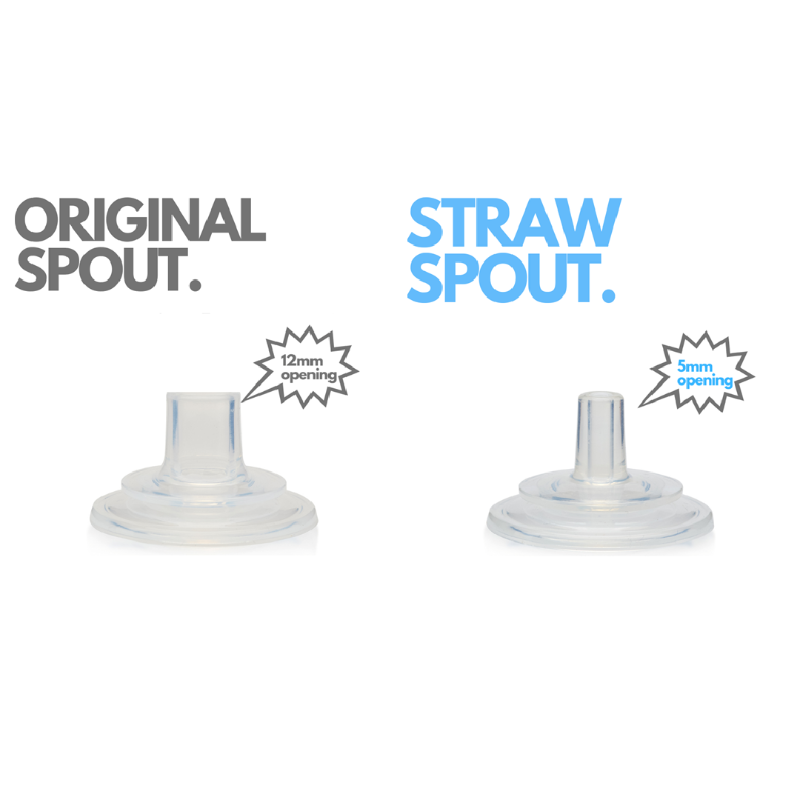 Original spout and straw spout comparison showing 12mm and 5mm openings — Adventure Awaits