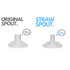 Original spout and straw spout comparison showing 12mm and 5mm openings — Adventure Awaits
