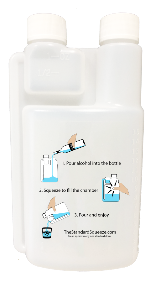 Back of white Standard Squeeze Bottle with measuring chamber, markings and 3-step pouring guide — Adventure Awaits