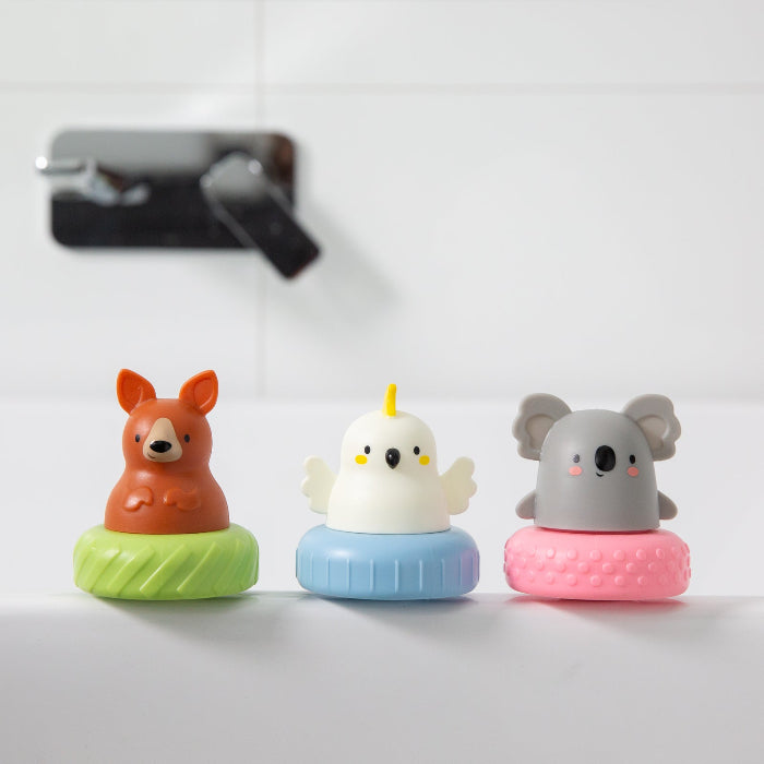 Tiger Tribe Mix & Match Bath Mates with kangaroo, cockatoo and koala bath toys on colourful bases — Adventure Awaits