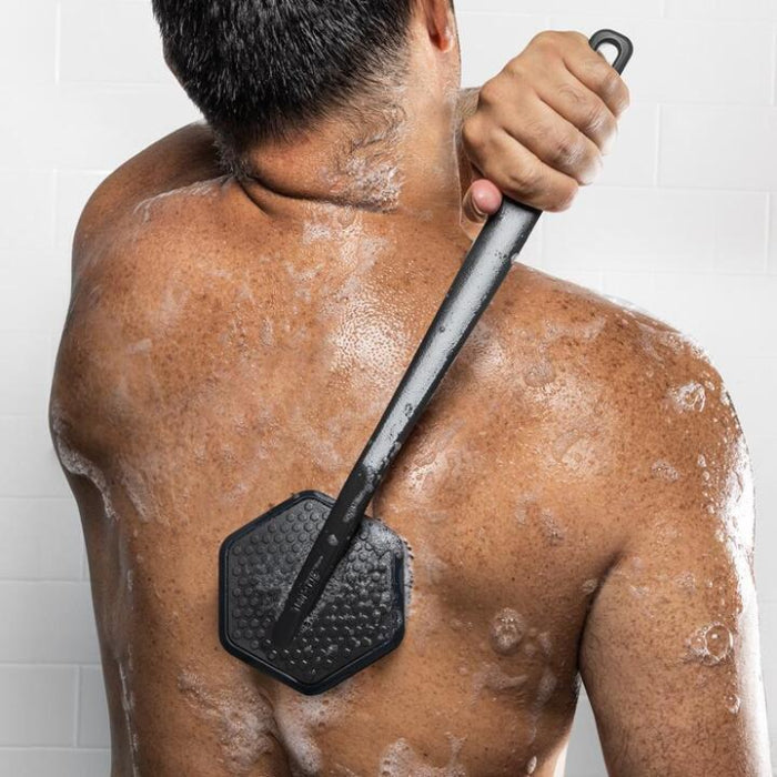 tooletries back scrubber being used by man in shower