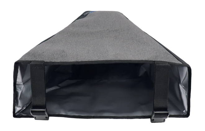 Grey caravan tow hitch cover underside with black securing straps — Adventure Awaits