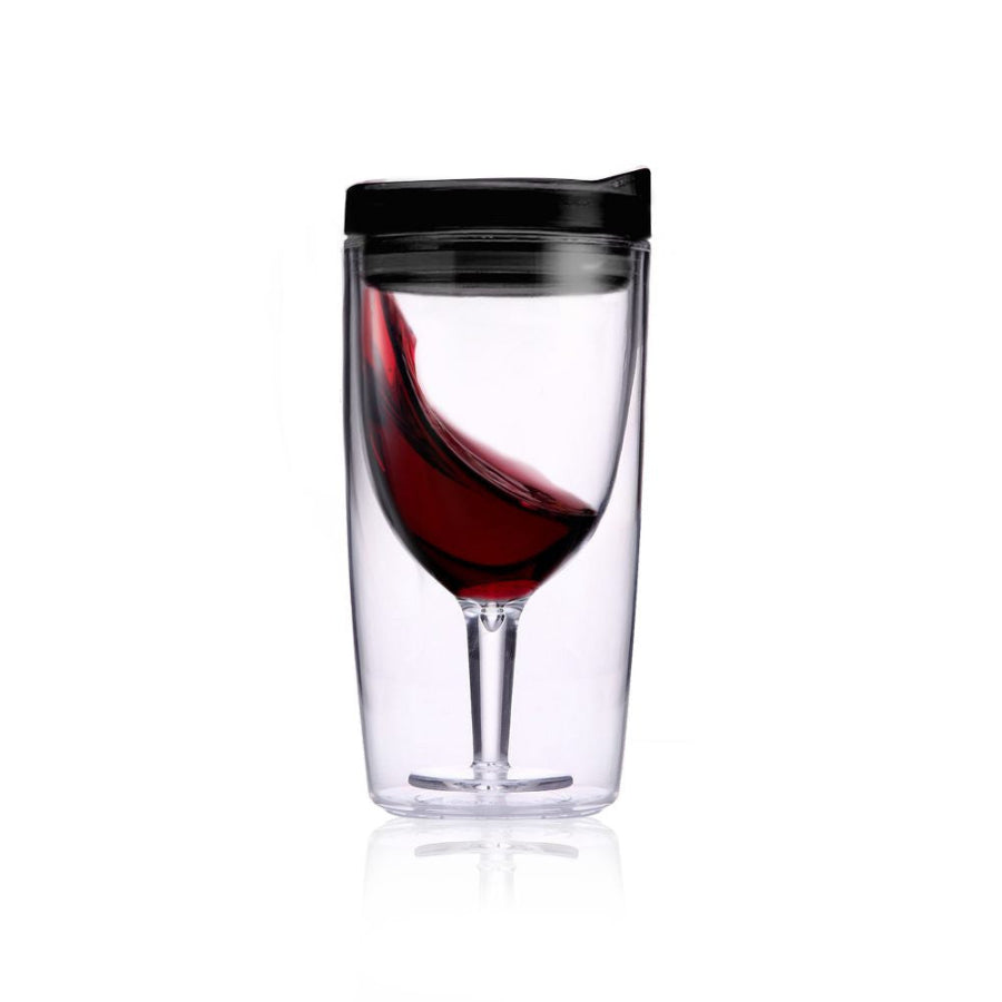 double wall wine tumbler with inner wine glass design and red wine swirl, clear insulated travel cup with black lid for outdoor use Adventure Awaits