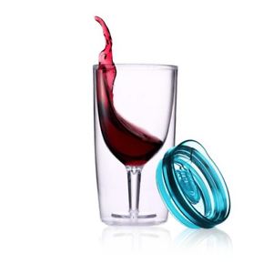 double wall wine tumbler with inner wine glass and red wine splash, includes blue lid, stylish insulated drinkware for travel and outdoor use Adventure Awaits