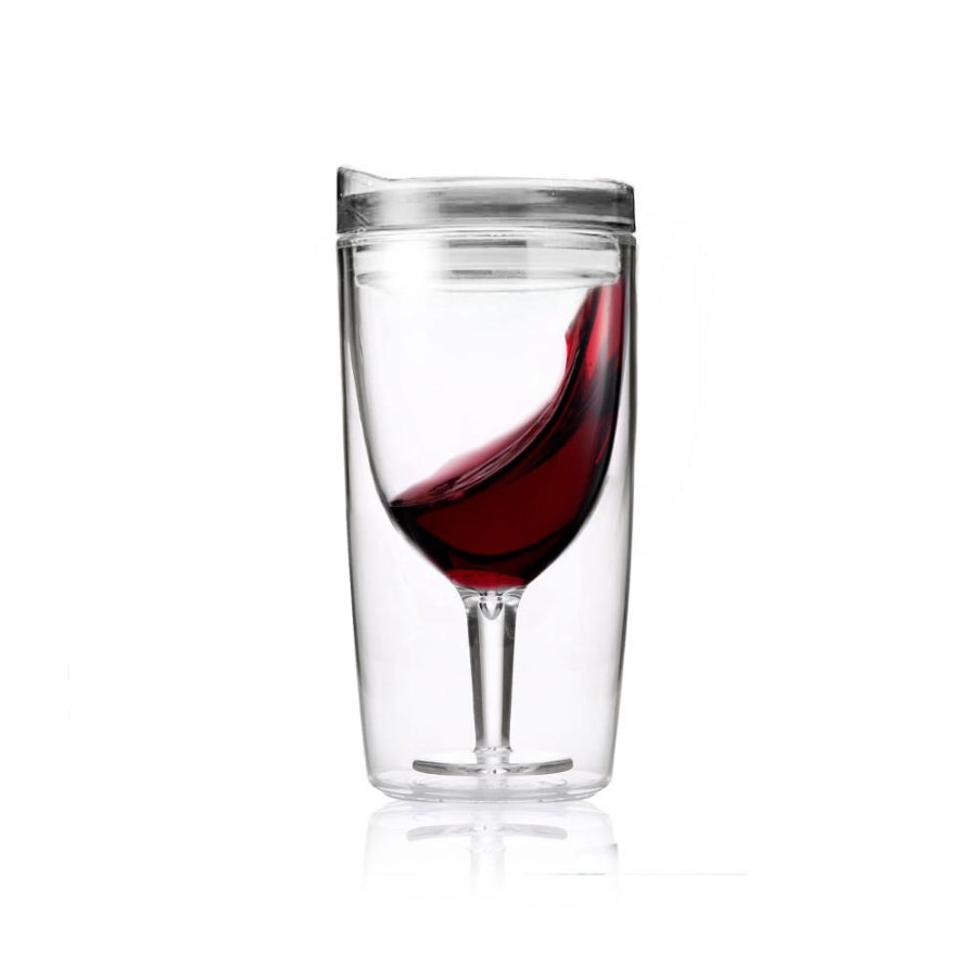 double wall wine tumbler with inner wine glass design and red wine swirl, clear insulated travel cup with lid for outdoor use Adventure Awaits