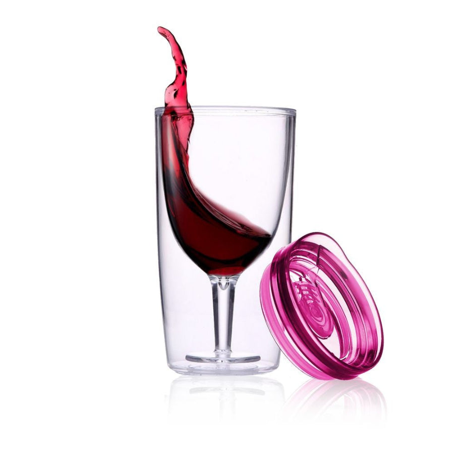 double wall wine tumbler with inner wine glass and red wine splash, includes pink lid, stylish insulated drinkware for travel and outdoor use Adventure Awaits