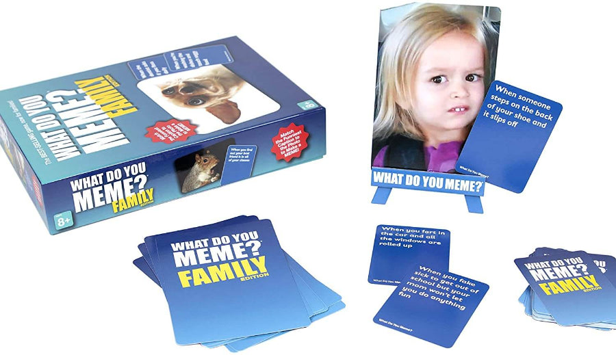What Do You Meme? Family Edition game with photo cards, caption cards and game box — Adventure Awaits