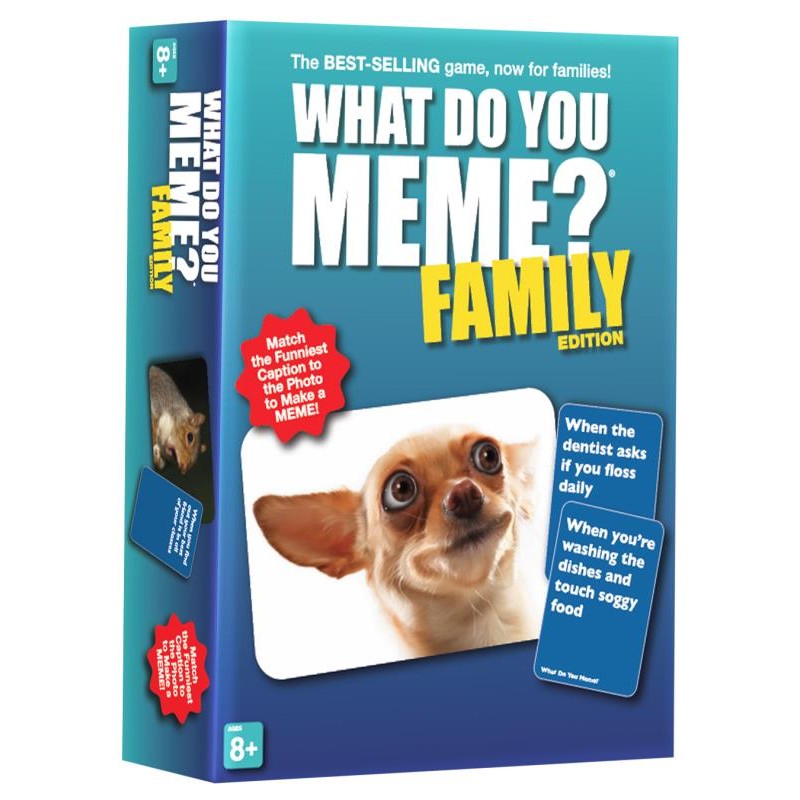 What Do You Meme? Family Edition party game box with funny photo and caption cards for ages 8+ — Adventure Awaits